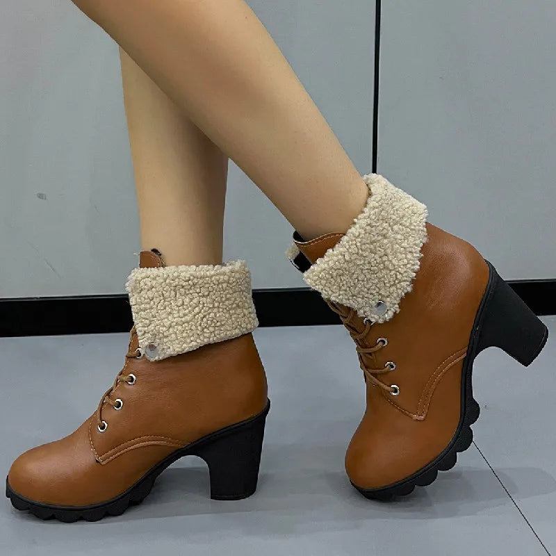 Platform Chunky Heel Lace Up Classic Snow Boot