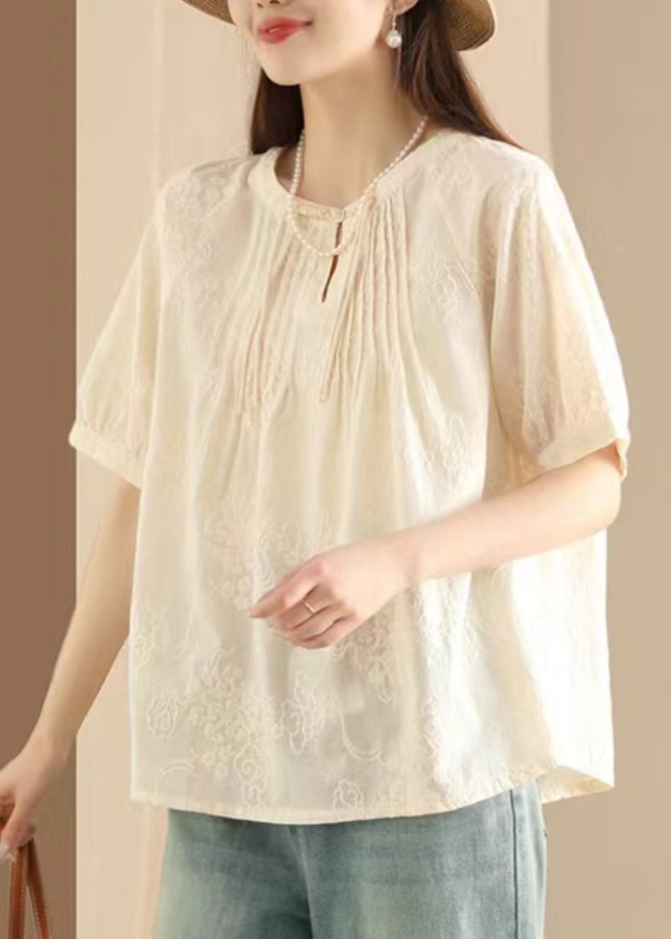 Apricot Embroidered Puff Sleeve Cotton Blouse Top Uu050