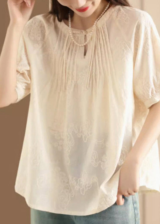 Apricot Embroidered Puff Sleeve Cotton Blouse Top Uu050