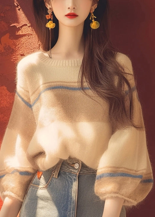 Apricot O Neck Cozy Patchwork Knit Sweater Winter Wm012