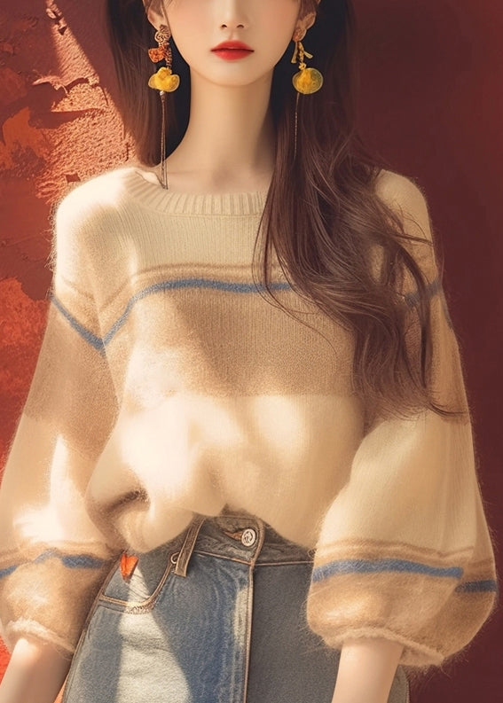 Apricot O Neck Cozy Patchwork Knit Sweater Winter Wm012