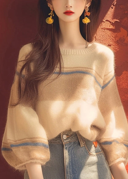 Apricot O Neck Cozy Patchwork Knit Sweater Winter Wm012