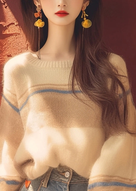 Apricot O Neck Cozy Patchwork Knit Sweater Winter Wm012