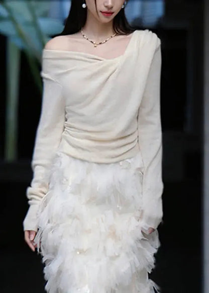 Apricot Asymmetrical Cotton Knit Blouse Spring Cg1054