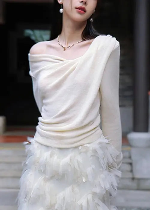 Apricot Asymmetrical Cotton Knit Blouse Spring Cg1054