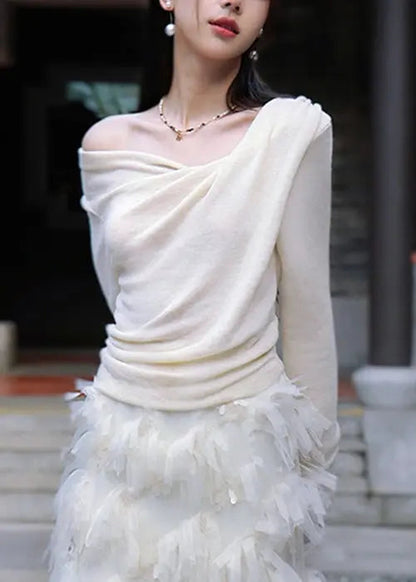 Apricot Asymmetrical Cotton Knit Blouse Spring Cg1054