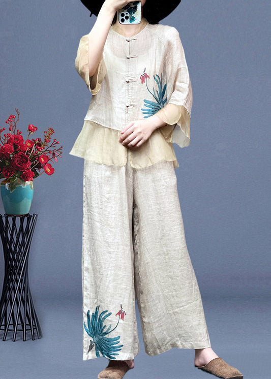 Apricot Stand Collar Tulle Patchwork Linen Shirts and Wide Leg Pants Two Pieces Set Long Sleeve Ti1023