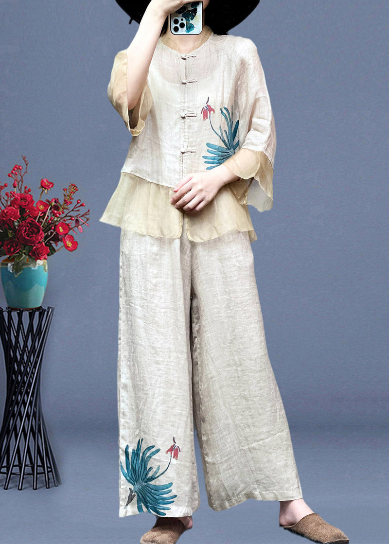Apricot Stand Collar Tulle Patchwork Linen Shirts and Wide Leg Pants Two Pieces Set Long Sleeve Ti1023