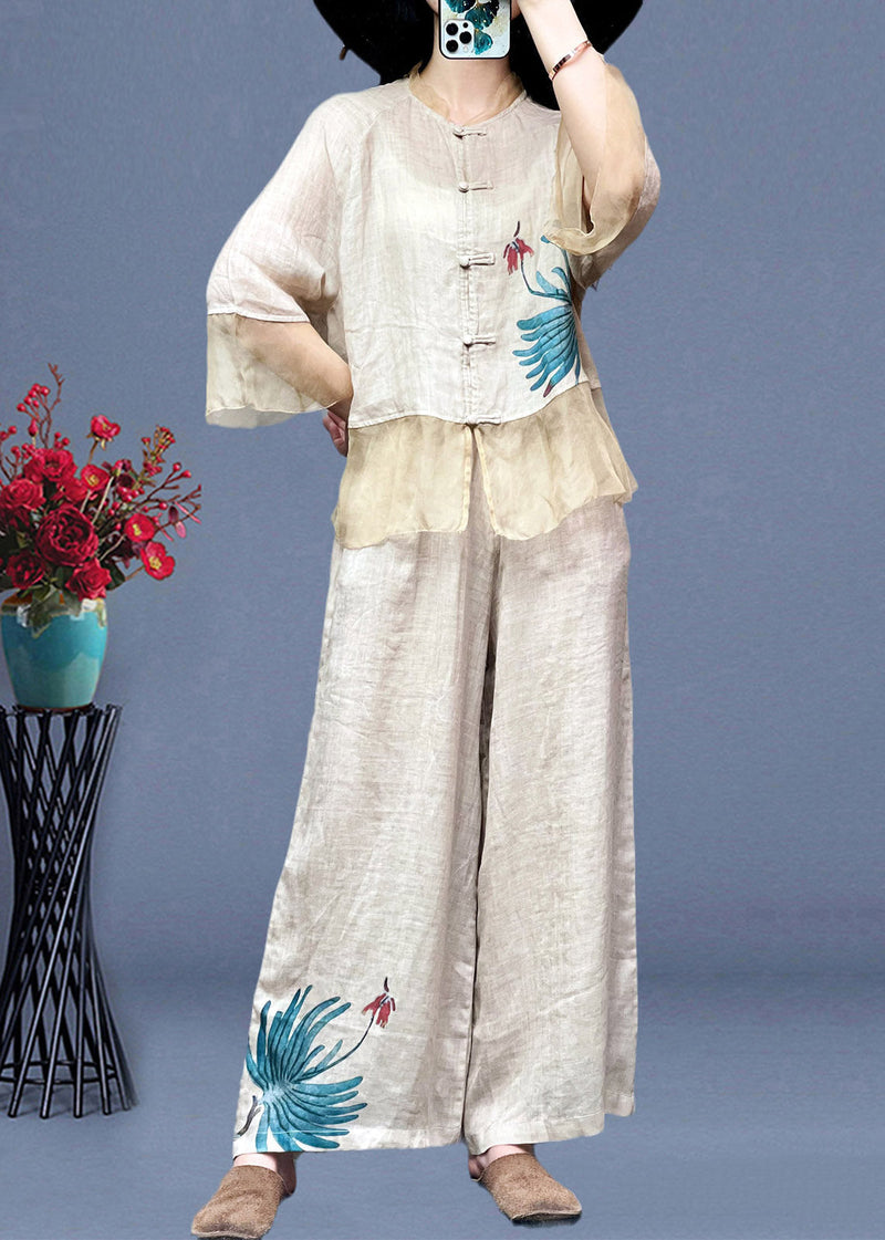 Apricot Stand Collar Tulle Patchwork Linen Shirts and Wide Leg Pants Two Pieces Set Long Sleeve Ti1023