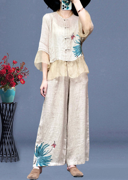 Apricot Stand Collar Tulle Patchwork Linen Shirts and Wide Leg Pants Two Pieces Set Long Sleeve Ti1023