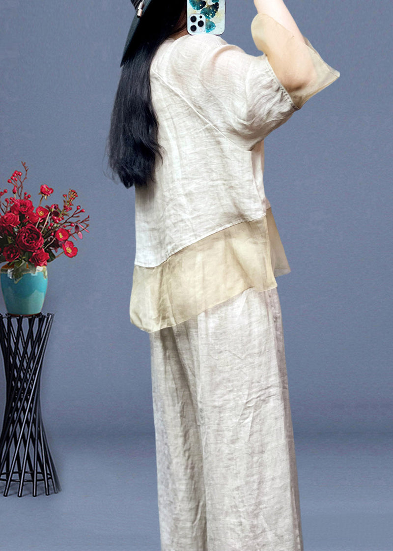 Apricot Stand Collar Tulle Patchwork Linen Shirts and Wide Leg Pants Two Pieces Set Long Sleeve Ti1023