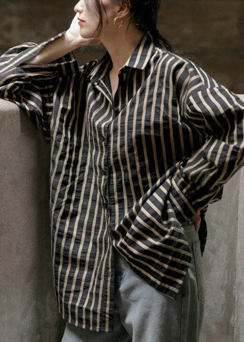 Apricot Striped Button Patchwork Cotton Blouse Fall Tu030