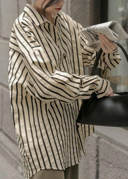 Apricot Striped Button Patchwork Cotton Blouse Fall Tu030