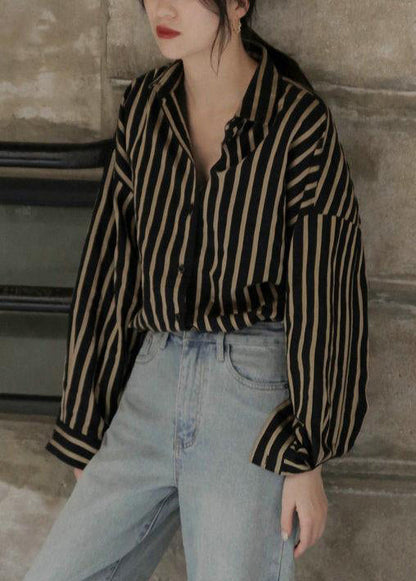 Apricot Striped Button Patchwork Cotton Blouse Fall Tu030