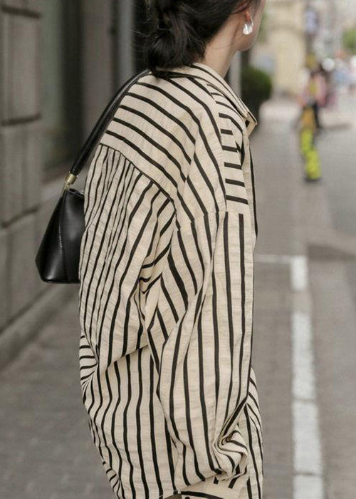 Apricot Striped Button Patchwork Cotton Blouse Fall Tu030
