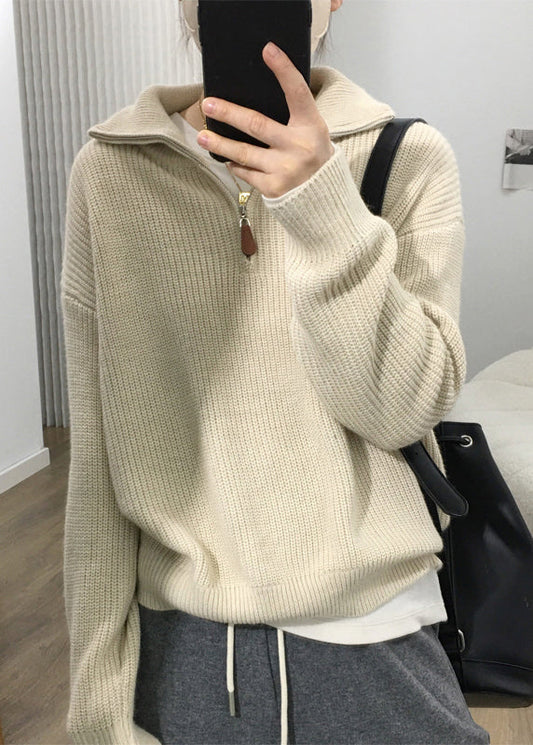 Apricot Zip Up Patchwork Cozy Knit Sweaters Long Sleeve Tu002