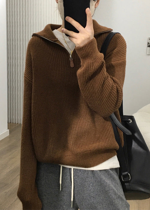 Apricot Zip Up Patchwork Cozy Knit Sweaters Long Sleeve Tu002