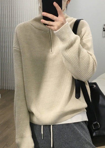 Apricot Zip Up Patchwork Cozy Knit Sweaters Long Sleeve Tu002