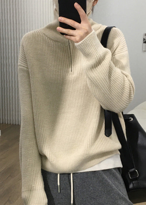 Apricot Zip Up Patchwork Cozy Knit Sweaters Long Sleeve Tu002