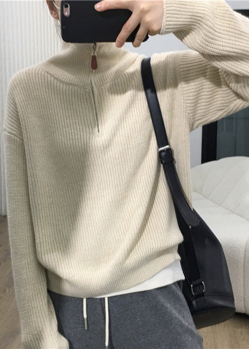Apricot Zip Up Patchwork Cozy Knit Sweaters Long Sleeve Tu002