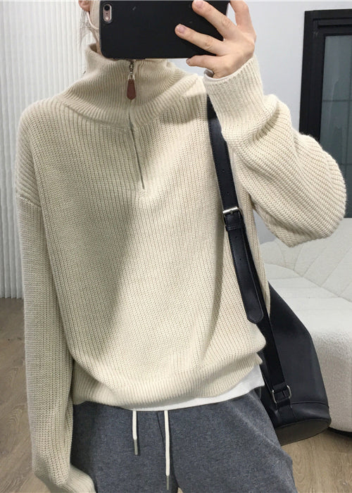 Apricot Zip Up Patchwork Cozy Knit Sweaters Long Sleeve Tu002