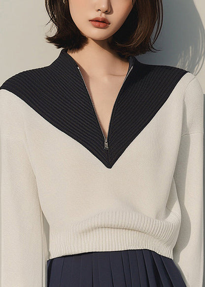 Apricot Zip Up Patchwork Knit Sweaters Winter Rk031