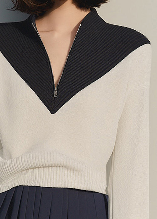 Apricot Zip Up Patchwork Knit Sweaters Winter Rk031