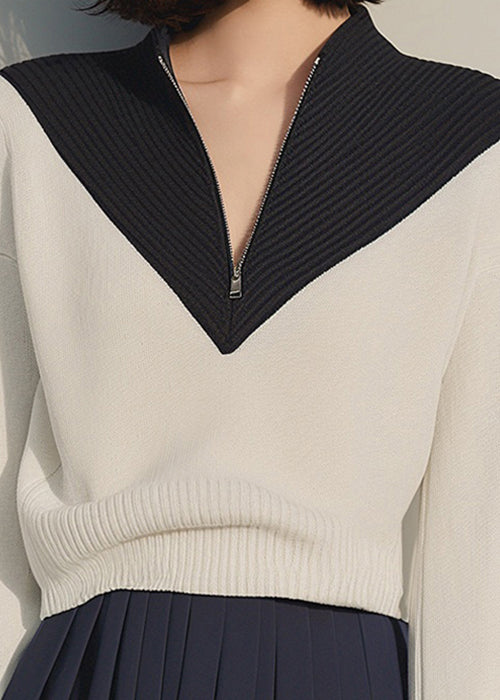 Apricot Zip Up Patchwork Knit Sweaters Winter Rk031
