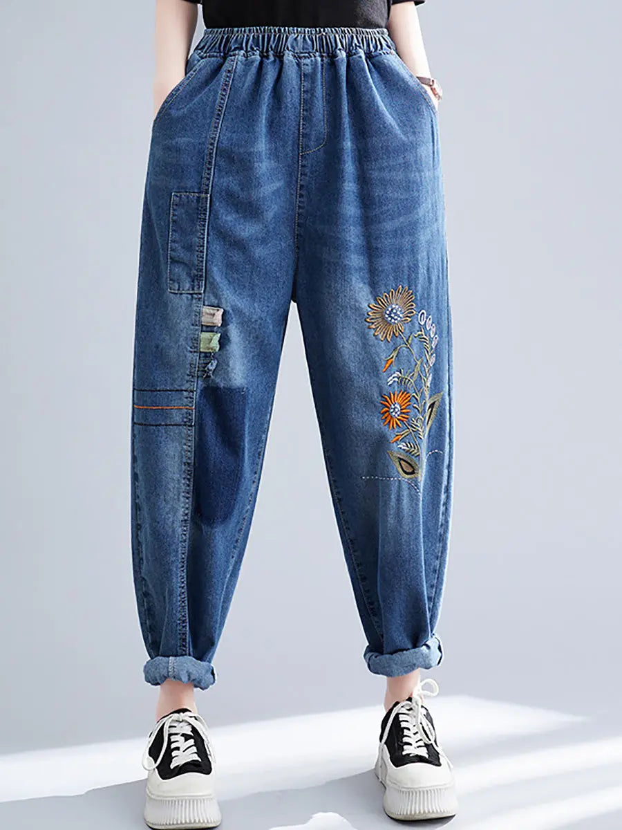 Embroidery Denim Harem Pants