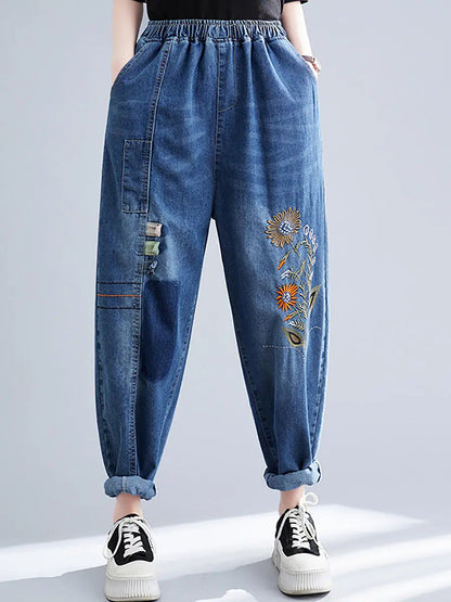 Embroidery Denim Harem Pants