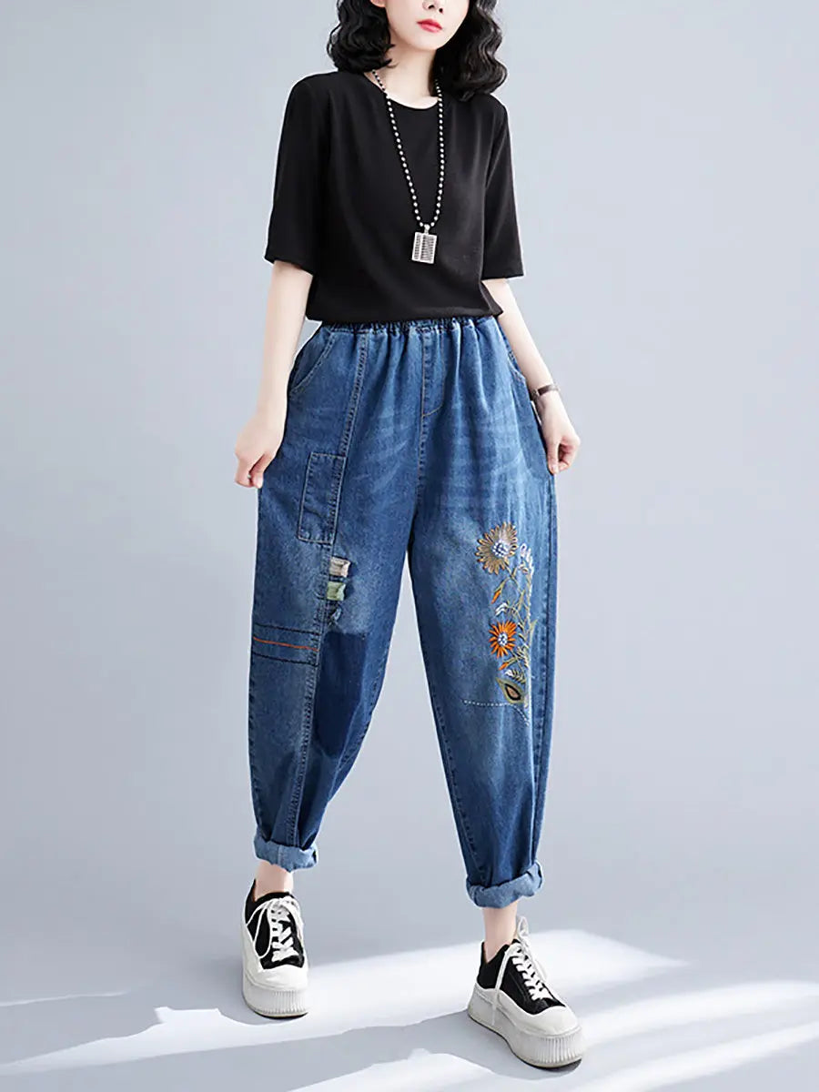 Embroidery Denim Harem Pants