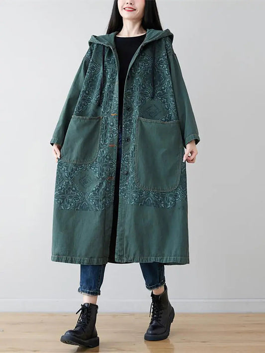 Spliced Long Denim Hooded Coat