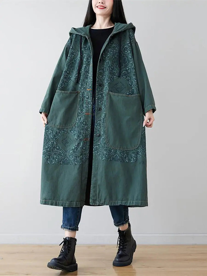 Spliced Long Denim Hooded Coat