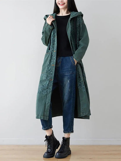 Spliced Long Denim Hooded Coat