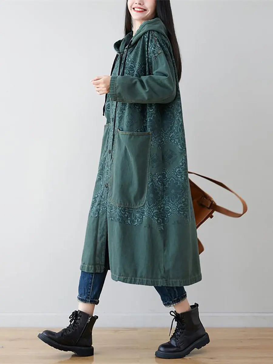 Spliced Long Denim Hooded Coat