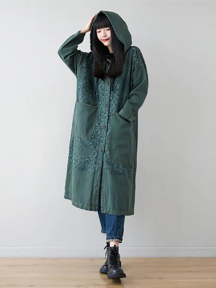 Spliced Long Denim Hooded Coat