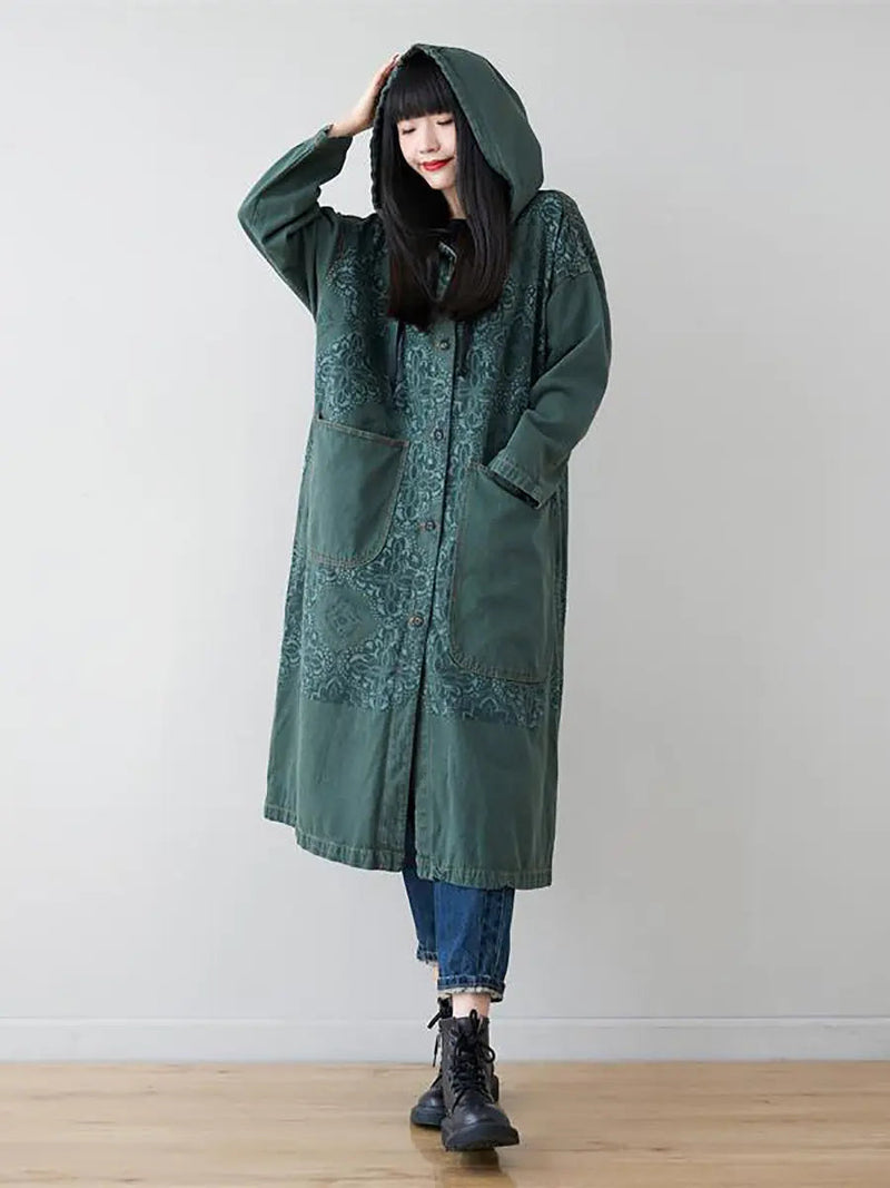 Spliced Long Denim Hooded Coat