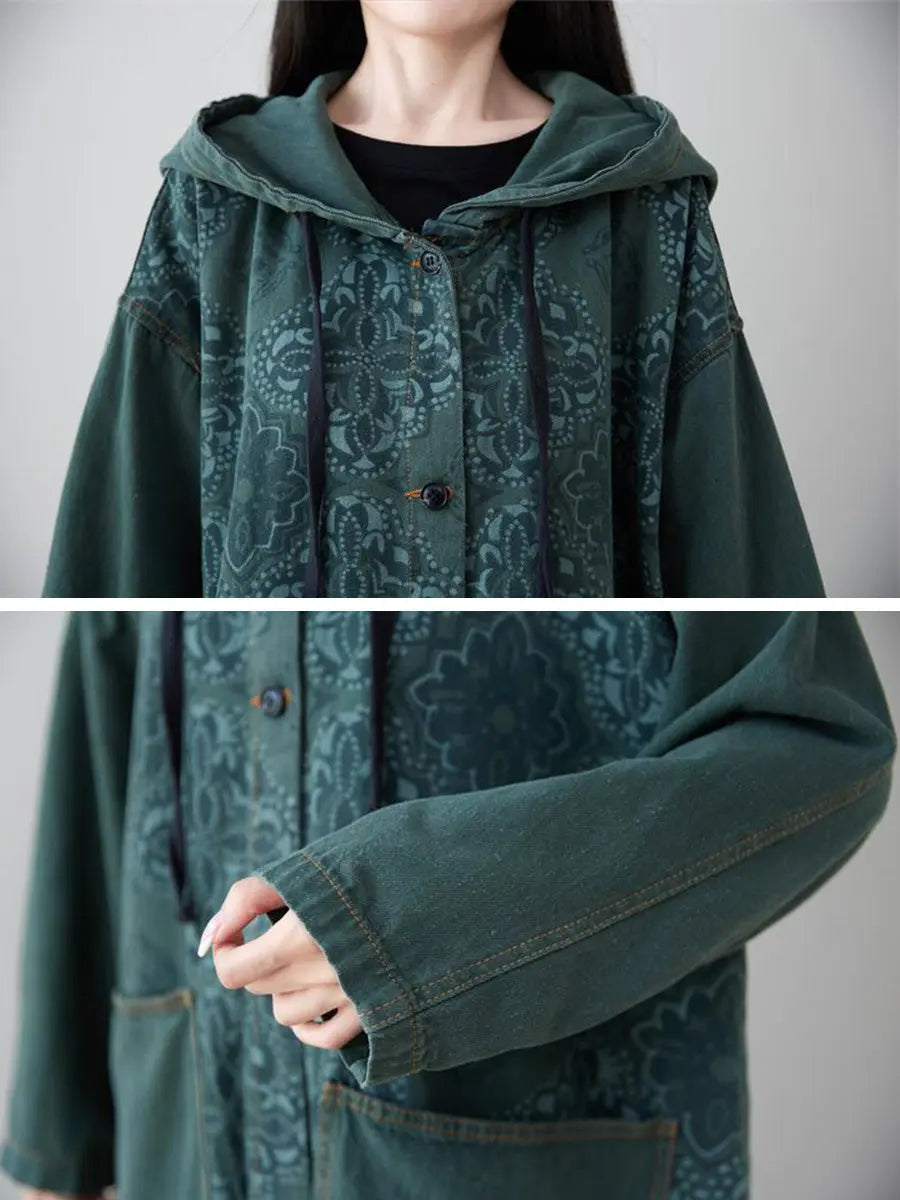 Spliced Long Denim Hooded Coat