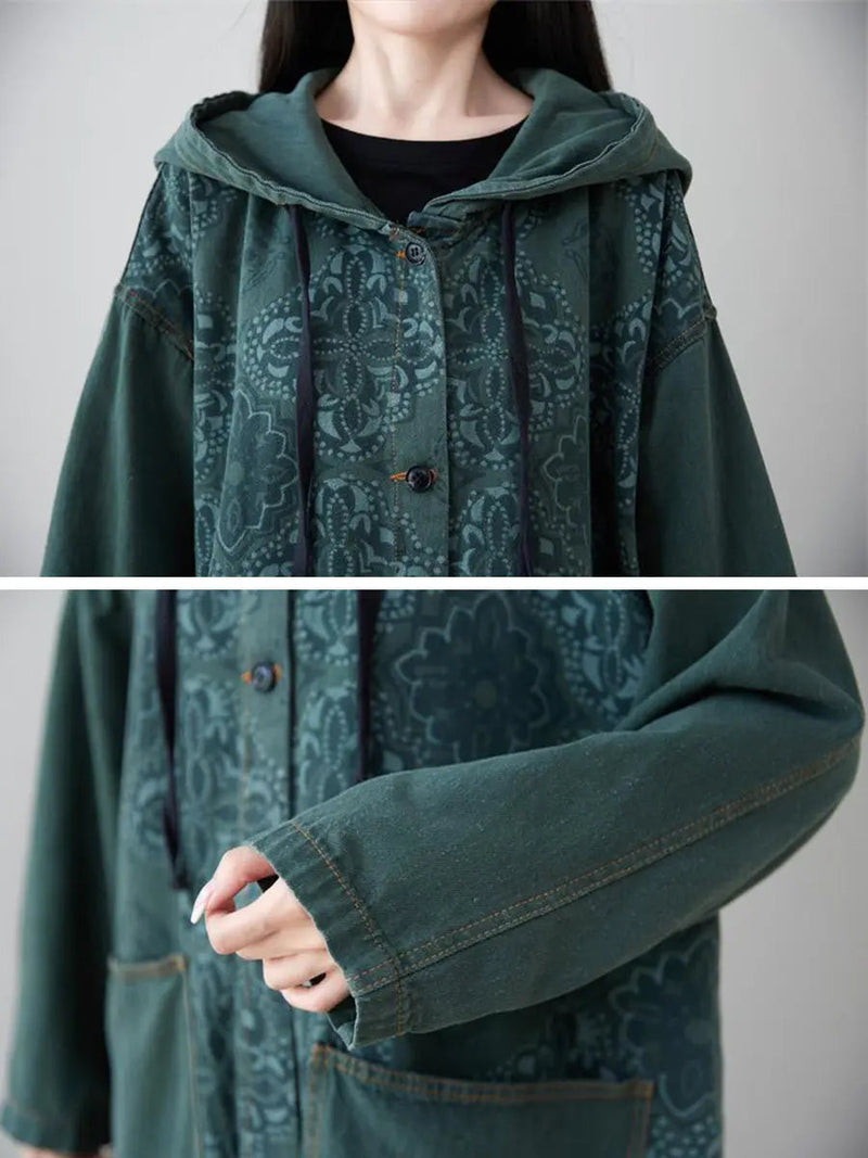 Spliced Long Denim Hooded Coat