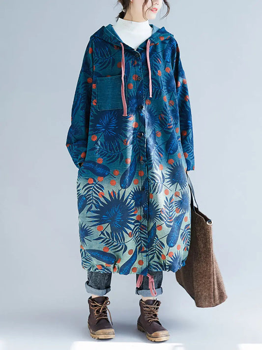 Leaf Gradual Print Denim Hooded Long Coat