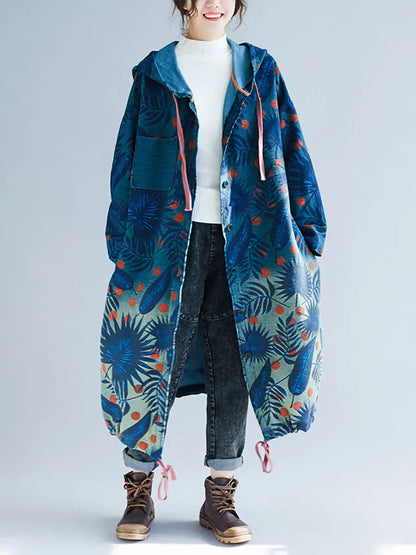 Leaf Gradual Print Denim Hooded Long Coat