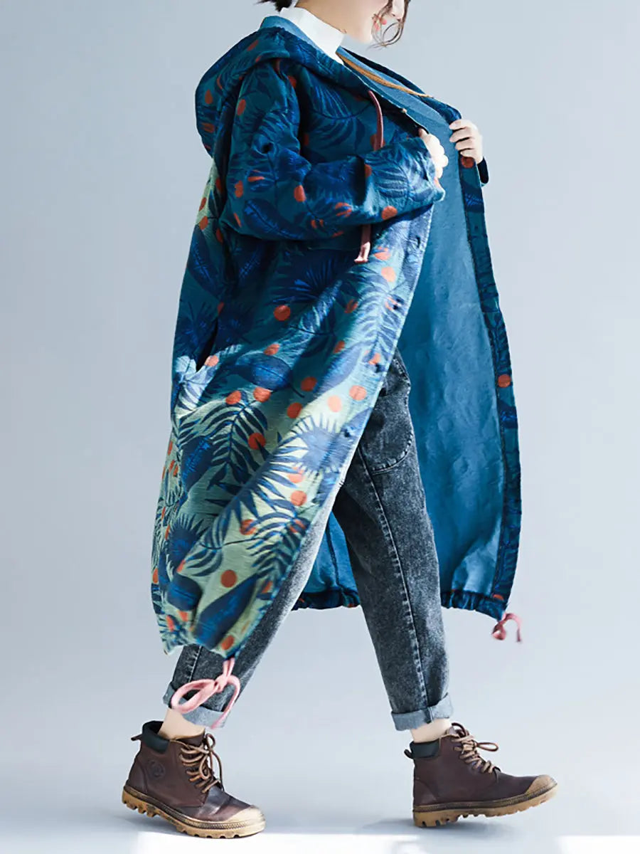 Leaf Gradual Print Denim Hooded Long Coat