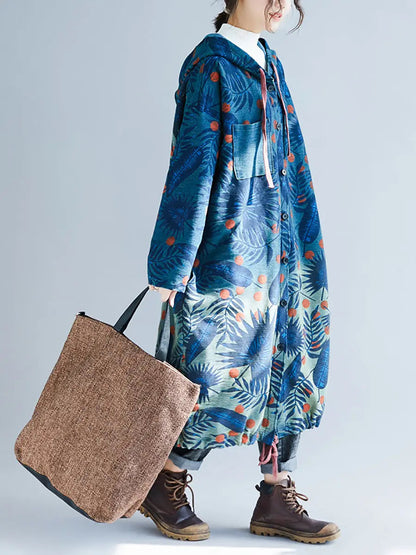 Leaf Gradual Print Denim Hooded Long Coat