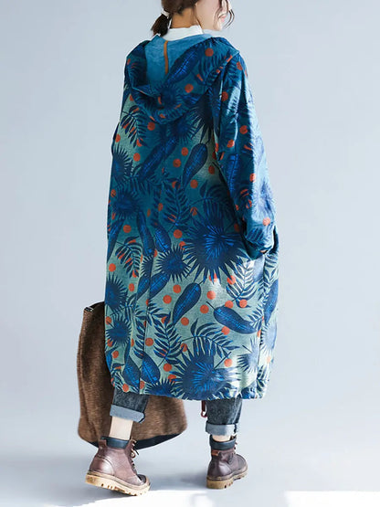Leaf Gradual Print Denim Hooded Long Coat
