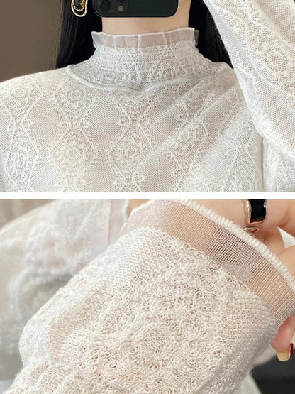 Lacework Knitted Half-turtleneck Blouse