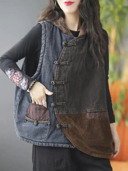 Spliced Corduroy Hooded Vest Coat