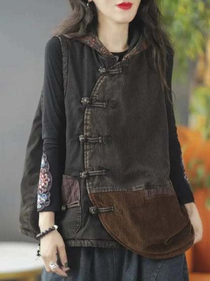 Spliced Corduroy Hooded Vest Coat