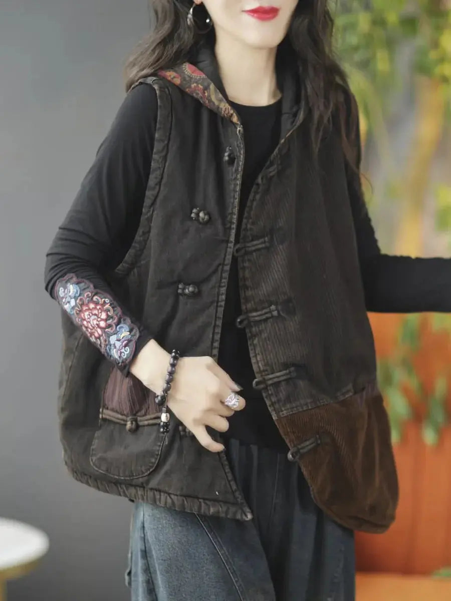 Spliced Corduroy Hooded Vest Coat