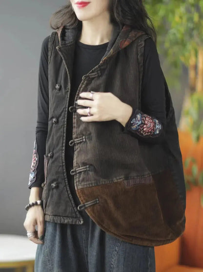 Spliced Corduroy Hooded Vest Coat