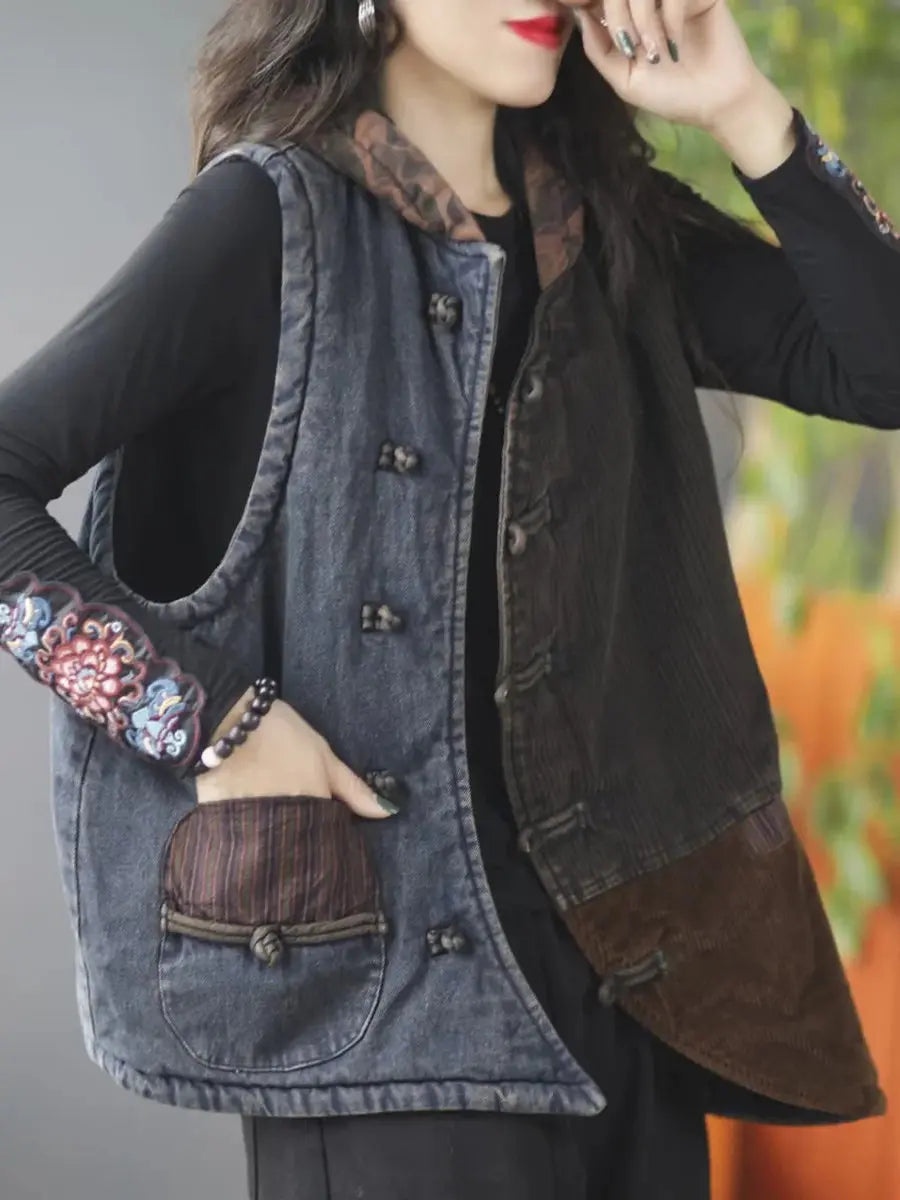 Spliced Corduroy Hooded Vest Coat
